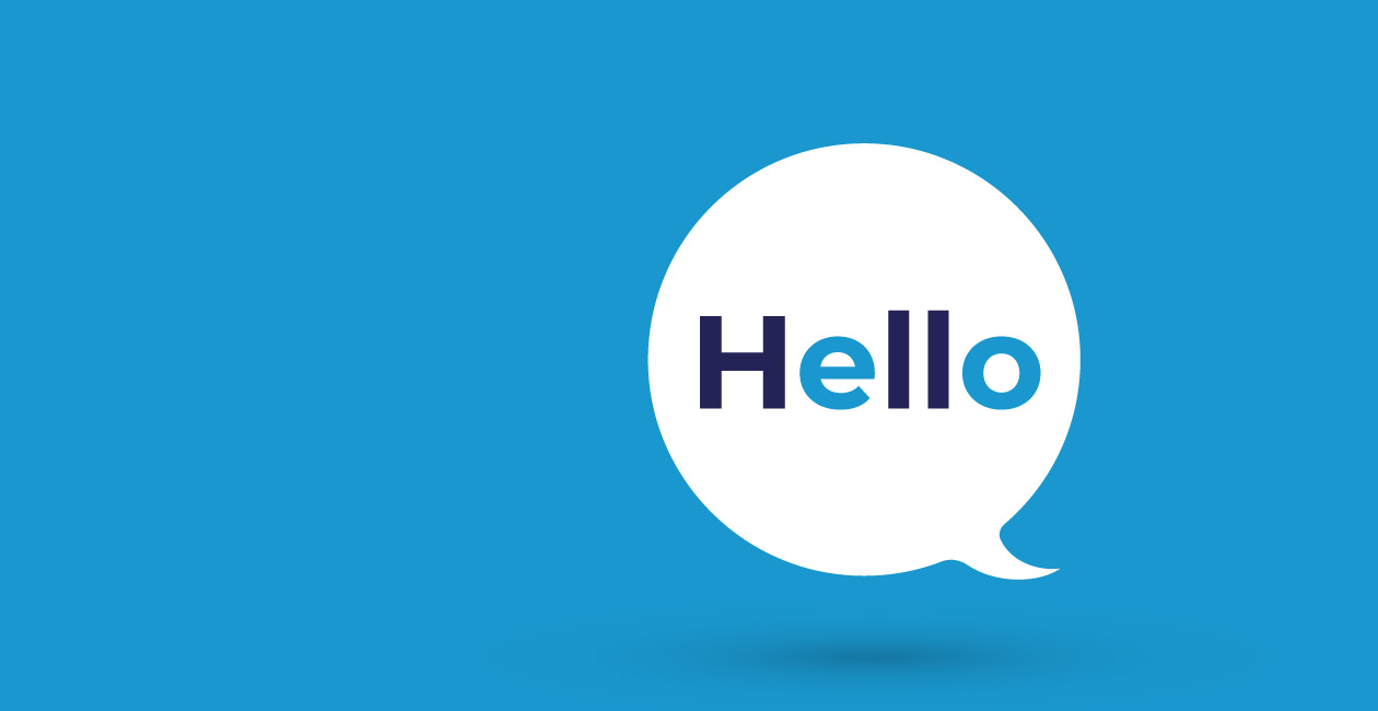 A chat bubble with the word Hello inside. The chat bubble is on a blue background.