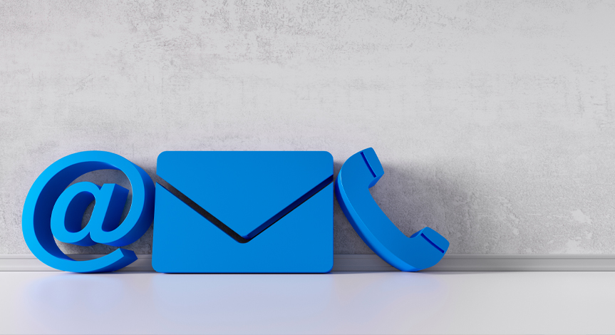 A blue envelope, phone and an at sign